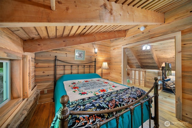 9381 Olalla Cayon Rd, Cashmere, WA 98813 - bedroom featuring wood walls, wood-type flooring, and wood ceiling with exposed beams