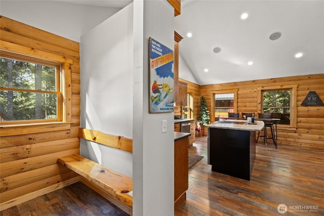 1020 Highland Loop, Ronald, WA 98940 - kitchen featuring dark wood-type flooring, rustic walls, lofted ceiling, and recessed lighting