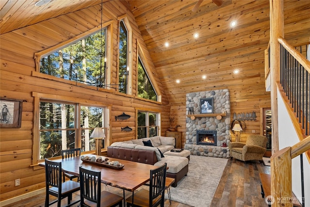 1020 Highland Loop, Ronald, WA 98940 - living area with high vaulted ceiling, a stone fireplace, stairway, wood ceiling, and hardwood / wood-style flooring