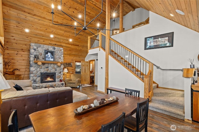 1020 Highland Loop, Ronald, WA 98940 - dining room featuring wood ceiling, wood finished floors, a notable chandelier, and stairs