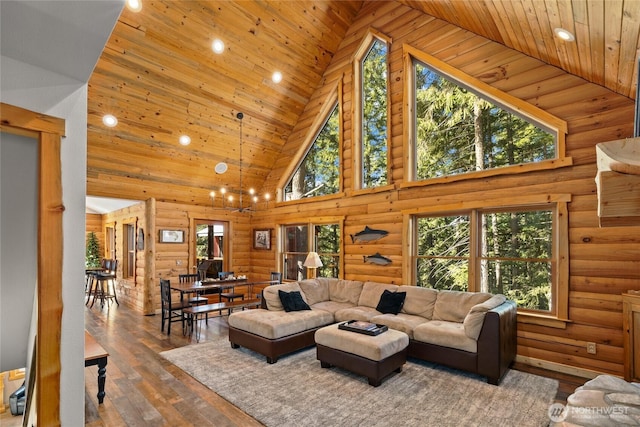 1020 Highland Loop, Ronald, WA 98940 - living room with high vaulted ceiling, plenty of natural light, wood-type flooring, and wood ceiling