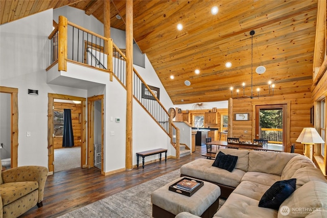 1020 Highland Loop, Ronald, WA 98940 - living room featuring high vaulted ceiling, stairway, wood ceiling, and wood finished floors