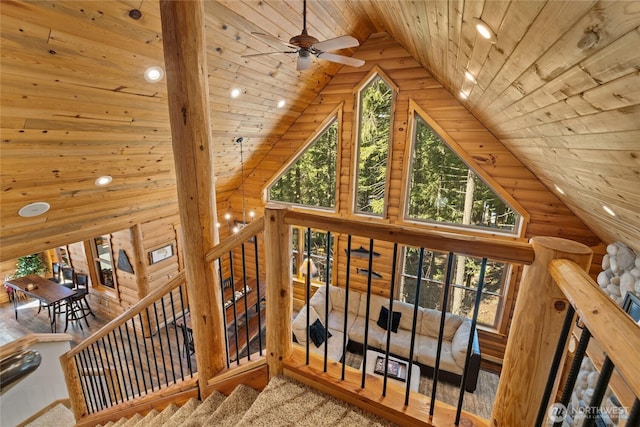 1020 Highland Loop, Ronald, WA 98940 - interior space with high vaulted ceiling, ceiling fan, wood ceiling, wood finished floors, and rustic walls