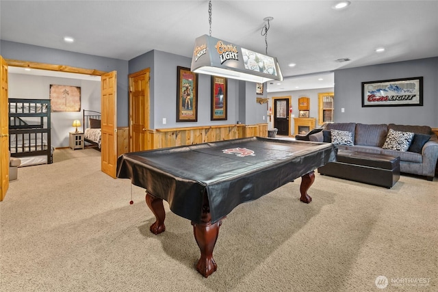 1020 Highland Loop, Ronald, WA 98940 - playroom featuring visible vents, carpet floors, billiards, recessed lighting, and a wainscoted wall