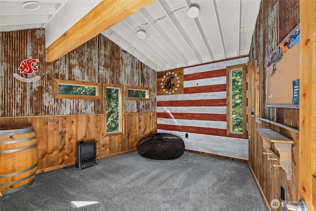 1020 Highland Loop, Ronald, WA 98940 - interior space with wood walls, lofted ceiling with beams, and carpet flooring