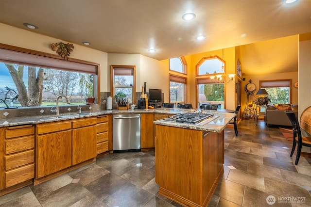 kitchen with plenty of natural light, a peninsula, a sink, and stainless steel appliances