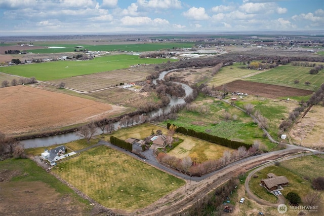 aerial view featuring a water view and a rural view