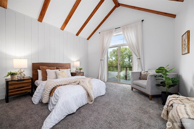 carpeted bedroom featuring beam ceiling, access to exterior, and high vaulted ceiling