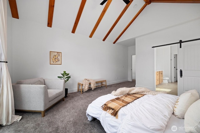 bedroom featuring a barn door, beam ceiling, high vaulted ceiling, and light colored carpet