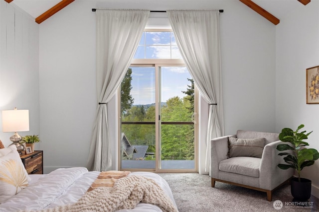 carpeted bedroom featuring access to outside and vaulted ceiling with beams