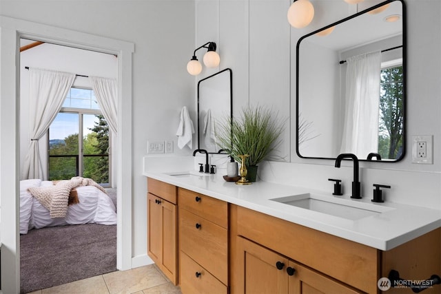 full bathroom with a sink, double vanity, and a wealth of natural light