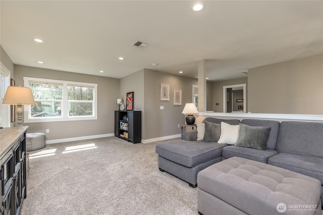 16005 SE Lake Holm Rd, Auburn, WA 98092 - living room featuring baseboards, visible vents, recessed lighting, and light colored carpet