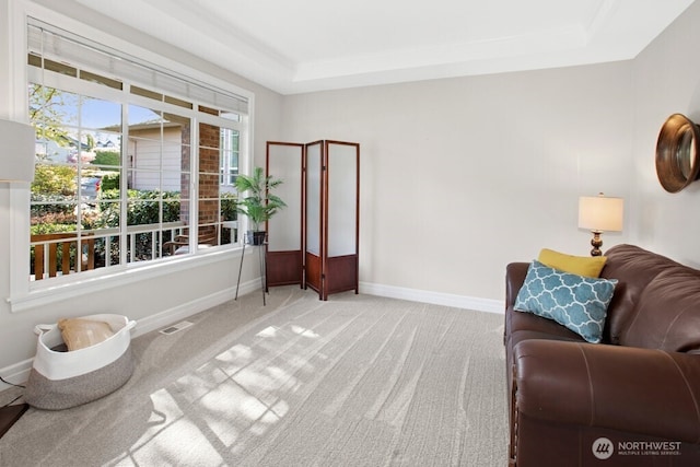 15117 272nd Pl NE, Duvall, WA 98019 - living area featuring baseboards, visible vents, carpet floors, and a tray ceiling