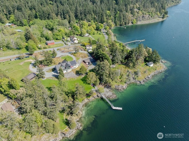 aerial view featuring a water view and a wooded view