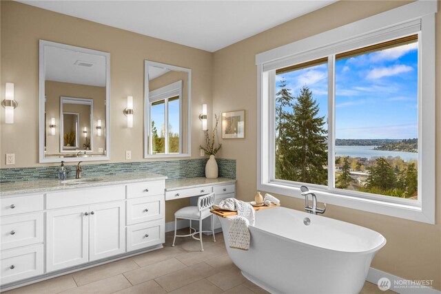 11230 SE 76th Pl, Newcastle, WA 98056 - bathroom with a water view, visible vents, vanity, tasteful backsplash, and a freestanding bath