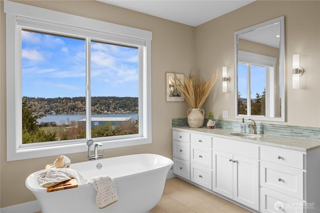 11230 SE 76th Pl, Newcastle, WA 98056 - full bathroom with a soaking tub, tile patterned floors, and vanity