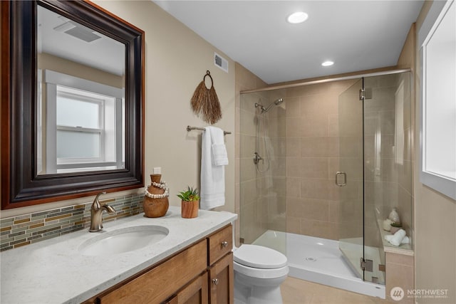 11230 SE 76th Pl, Newcastle, WA 98056 - full bathroom featuring visible vents, toilet, vanity, tasteful backsplash, and a stall shower
