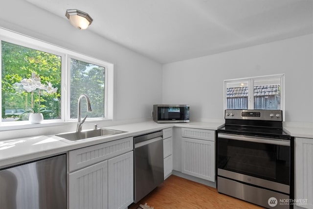 275 State Route 409, Cathlamet, WA 98612 - kitchen featuring light countertops, a sink, stainless steel appliances, and light wood-type flooring