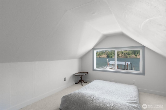 275 State Route 409, Cathlamet, WA 98612 - carpeted bedroom with a water view, lofted ceiling, and baseboards