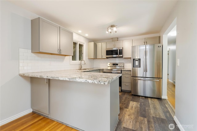 13729 8th Ave S, Burien, WA 98168 - kitchen featuring a sink, gray cabinets, backsplash, a peninsula, and appliances with stainless steel finishes
