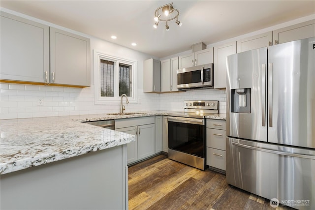13729 8th Ave S, Burien, WA 98168 - kitchen featuring tasteful backsplash, a sink, gray cabinets, appliances with stainless steel finishes, and dark wood-style floors