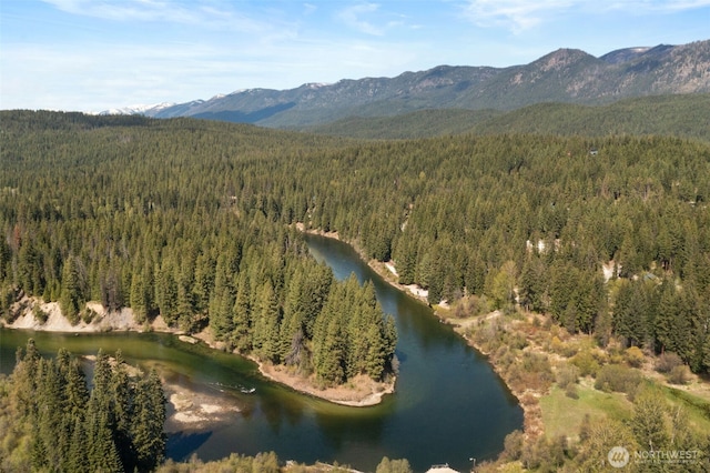 drone / aerial view featuring a water and mountain view and a wooded view