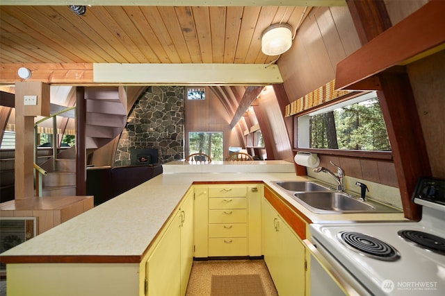 kitchen featuring white electric range, light countertops, wood ceiling, and a peninsula