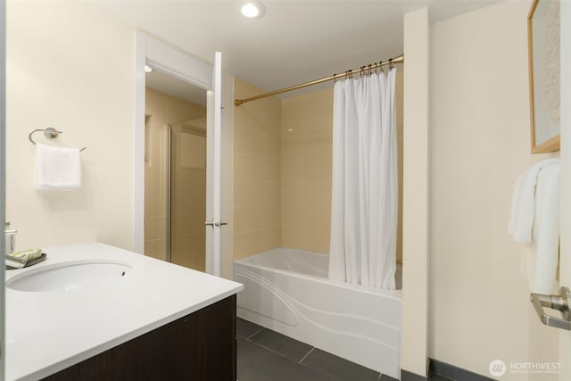 3924 S Brandon St Unit A, Seattle, WA 98118 - full bath with shower / bath combo, recessed lighting, tile patterned flooring, and vanity