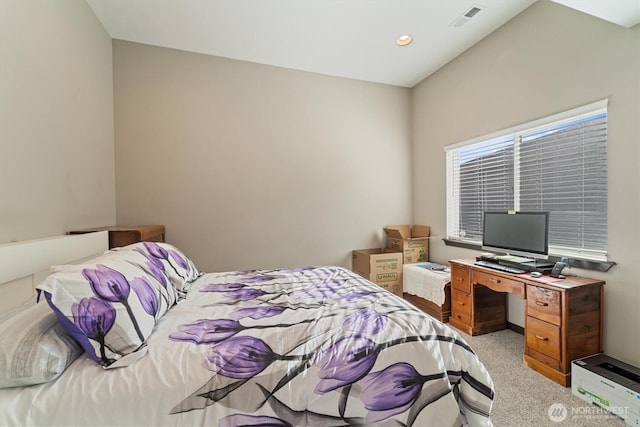bedroom with recessed lighting, visible vents, and light colored carpet