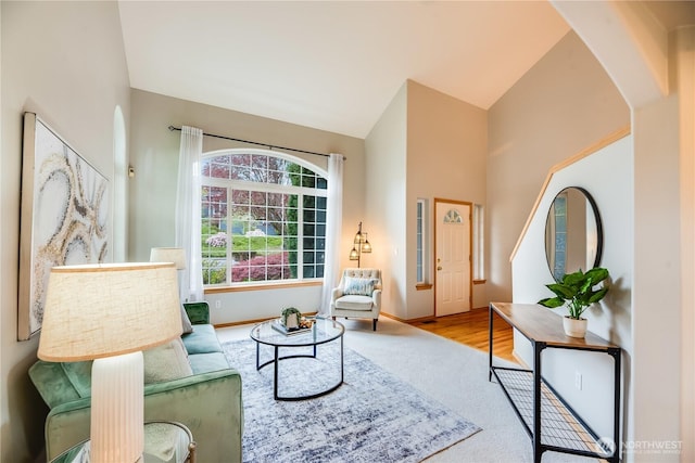 9300 138th Ct NE, Redmond, WA 98052 - living room with baseboards, arched walkways, carpet, and high vaulted ceiling
