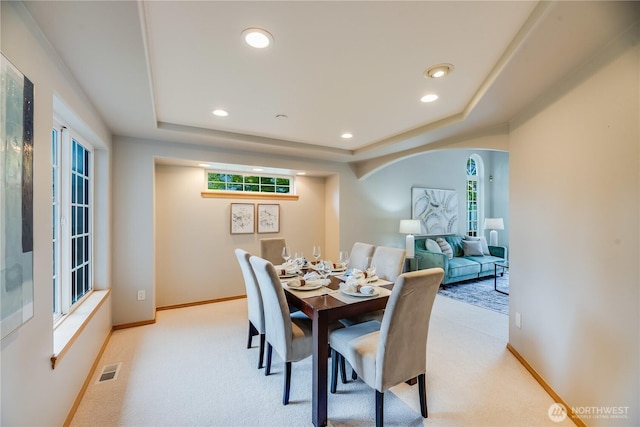 9300 138th Ct NE, Redmond, WA 98052 - dining space featuring baseboards, light colored carpet, recessed lighting, and visible vents
