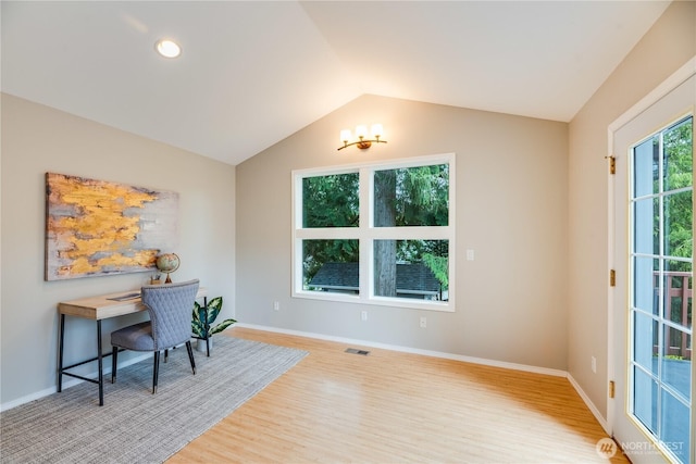 9300 138th Ct NE, Redmond, WA 98052 - office area with baseboards, visible vents, wood finished floors, and vaulted ceiling