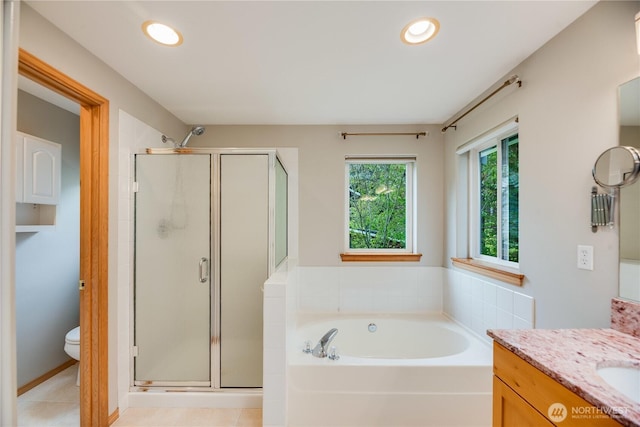 9300 138th Ct NE, Redmond, WA 98052 - full bath with a garden tub, a stall shower, vanity, toilet, and recessed lighting