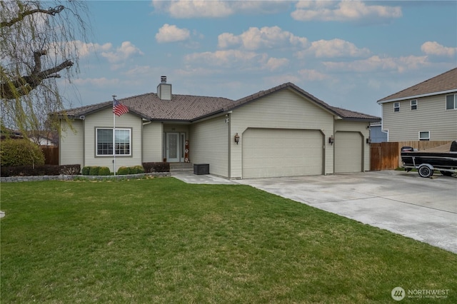 ranch-style home featuring fence, driveway, a front lawn, a garage, and a chimney