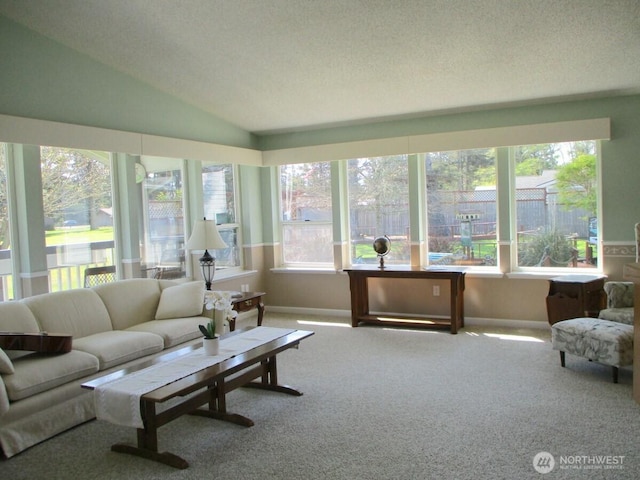 sunroom featuring carpet floors, a textured ceiling, baseboards, and a healthy amount of sunlight