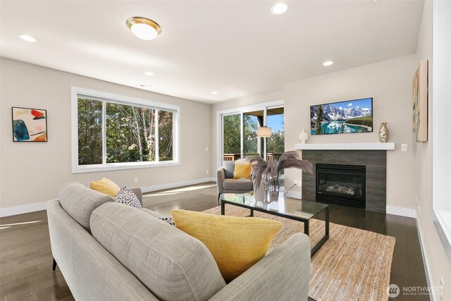 living area featuring baseboards, a fireplace, recessed lighting, and wood finished floors