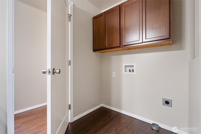 1209 Sherman Ave, Port Orchard, WA 98366 - washroom featuring electric dryer hookup, hookup for a washing machine, dark wood-style floors, cabinet space, and baseboards