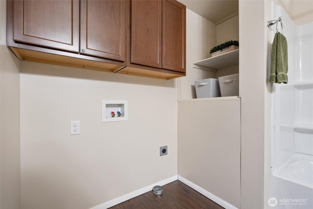 1209 Sherman Ave, Port Orchard, WA 98366 - laundry room with electric dryer hookup, dark wood-style flooring, washer hookup, and baseboards