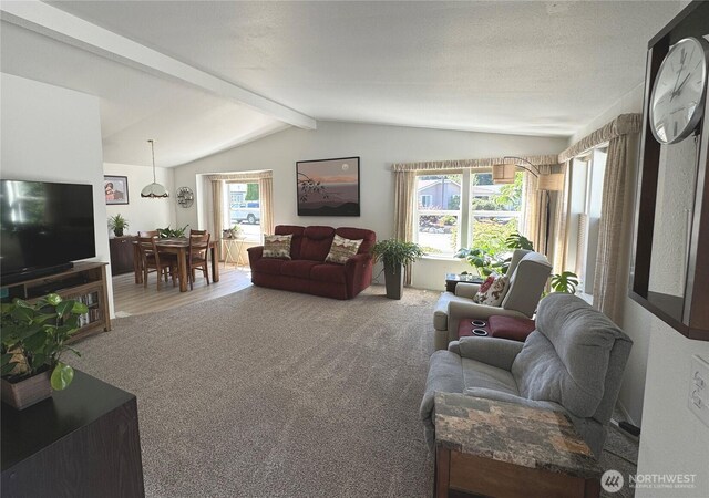 living area with lofted ceiling with beams, a wealth of natural light, and carpet