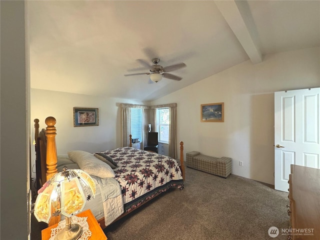 carpeted bedroom featuring a ceiling fan and vaulted ceiling with beams