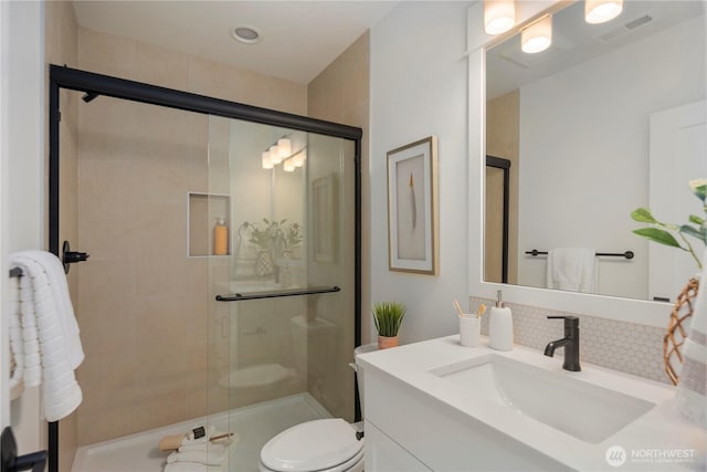 4118 220th Pl SE, Bothell, WA 98021 - full bath with a stall shower, toilet, vanity, and tasteful backsplash