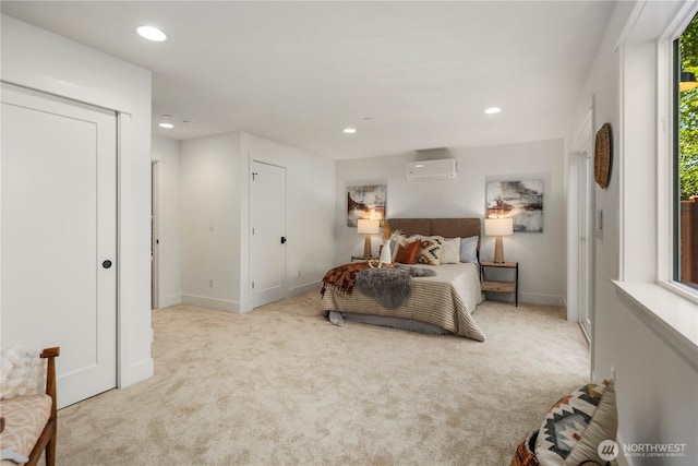 carpeted bedroom featuring a wall mounted AC, recessed lighting, and baseboards