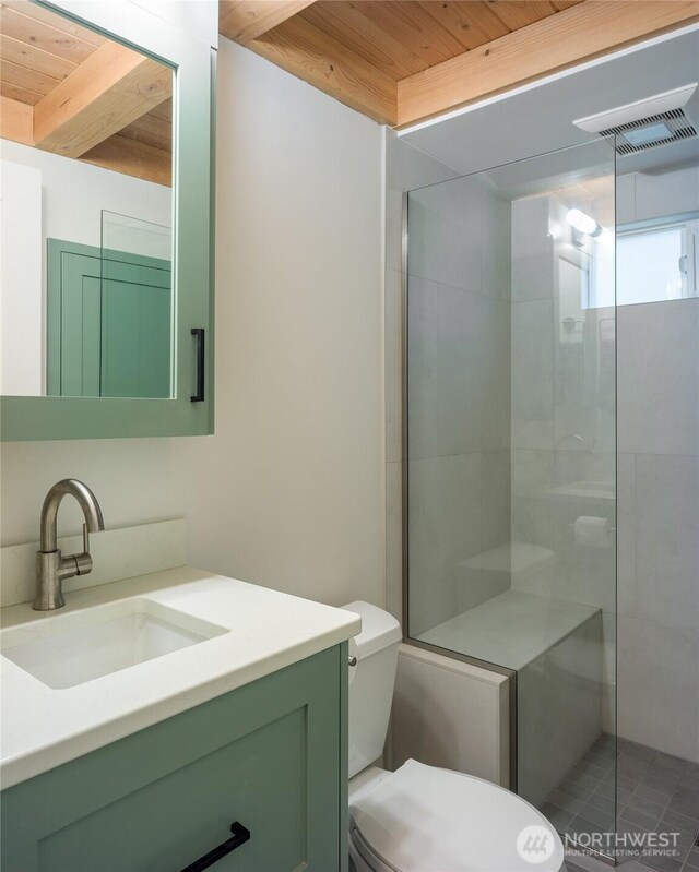 25 Eliza Ln, Lopez Island, WA 98261 - full bathroom with a shower stall, toilet, wooden ceiling, and vanity