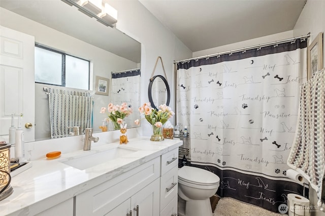full bath featuring toilet, vanity, and a shower with shower curtain