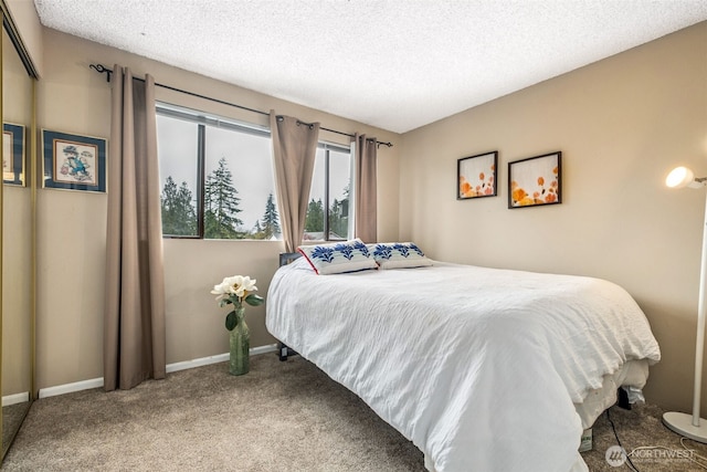 bedroom with carpet floors, baseboards, and a textured ceiling