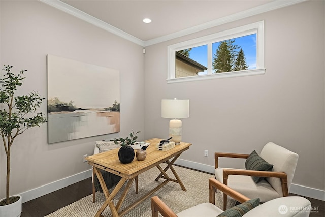 office area featuring baseboards, recessed lighting, wood finished floors, and ornamental molding