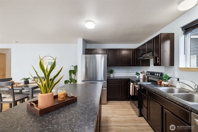 kitchen with stainless steel appliances, a sink, under cabinet range hood, dark brown cabinetry, and light wood finished floors