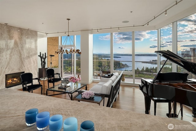 10700 NE 4th St Unit 4202, Bellevue, WA 98004 - living area with track lighting, wood finished floors, a fireplace, a chandelier, and expansive windows