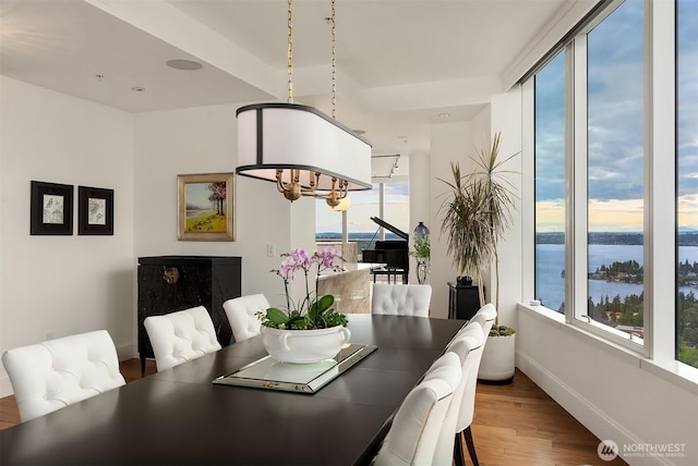 10700 NE 4th St Unit 4202, Bellevue, WA 98004 - dining area with wood finished floors, a chandelier, and a water view