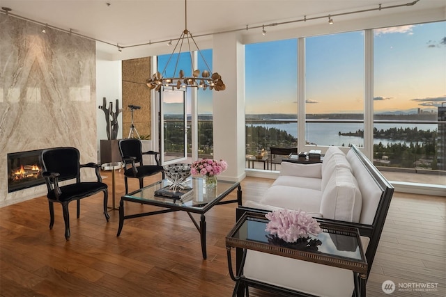10700 NE 4th St Unit 4202, Bellevue, WA 98004 - living room with rail lighting, wood finished floors, a water view, and a chandelier